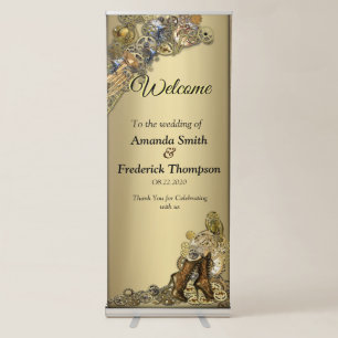 Gold  & Brass Steampunk sculptures on gold Retractable Banner