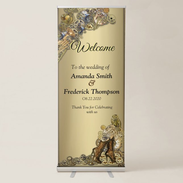 Gold  & Brass Steampunk sculptures on gold Retractable Banner (Front)