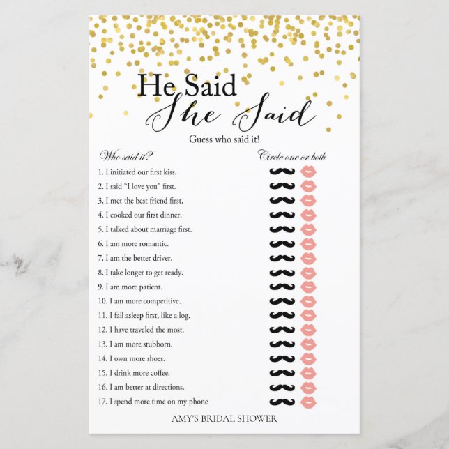 Gold Bridal Shower Game - He Said She Said (Front)