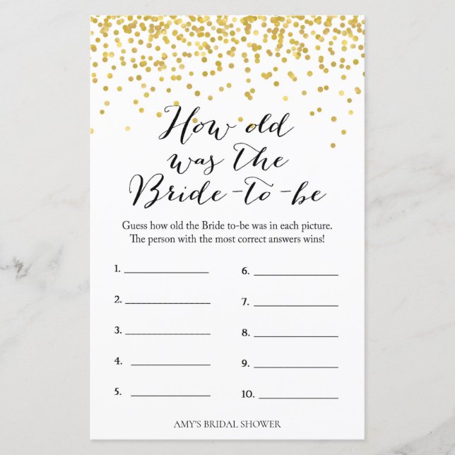 Gold Bridal Shower Game - How Old Was Bride (Front)