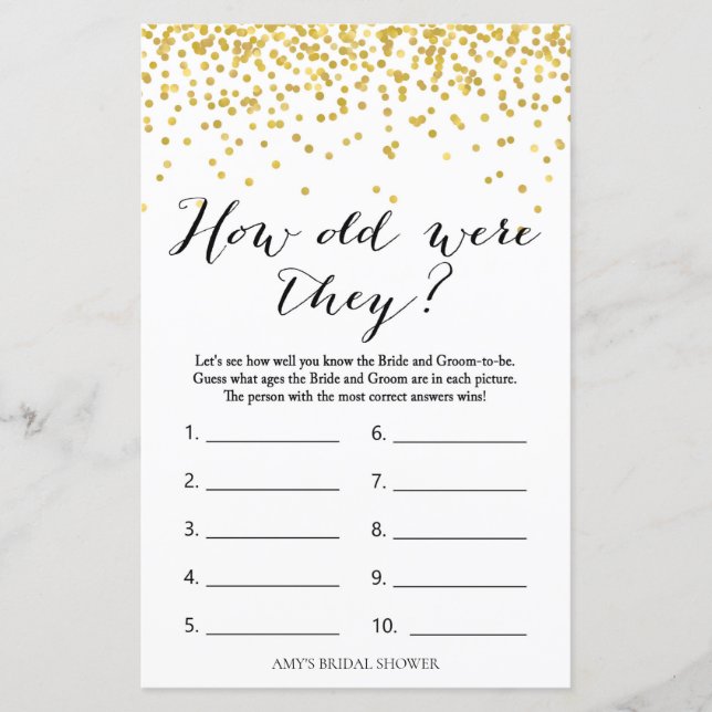 Gold Bridal Shower Game - How Old Were They (Front)