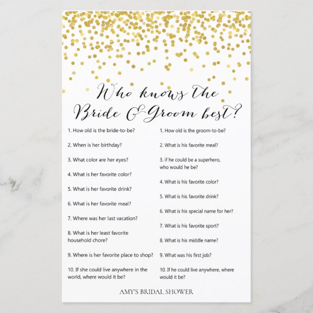 Gold Bridal Shower Game - who knows bride & groom (Front)