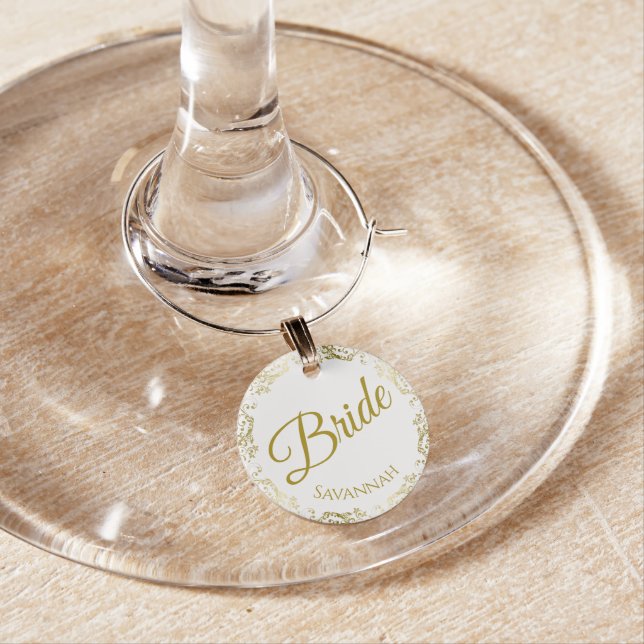 Gold Bride Wedding Wine Glass Name Charm (In Situ)