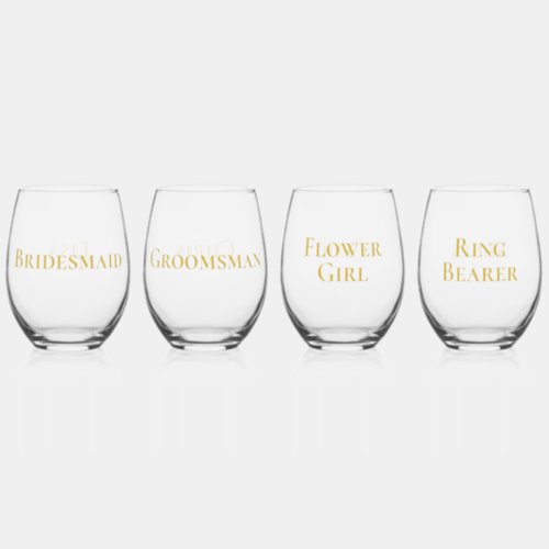 Gold Bridesmaid Groomsman Flower Girl Ring Bearer Stemless Wine Glass