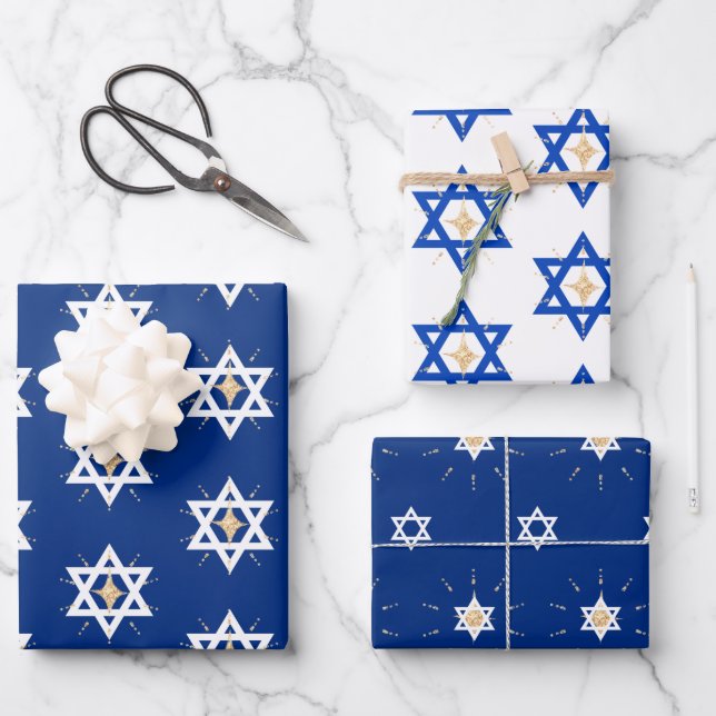 Gold Bright Shining Star of David Hannukah Wrapping Paper Sheets (Front)