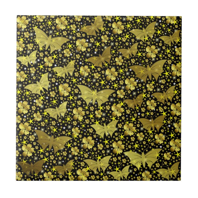 gold,bright, shiny, butterflies, exclusive ceramic tile (Front)