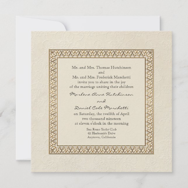 Gold Brocade Damask Floral Formal Elegant Wedding Invitation (Front)
