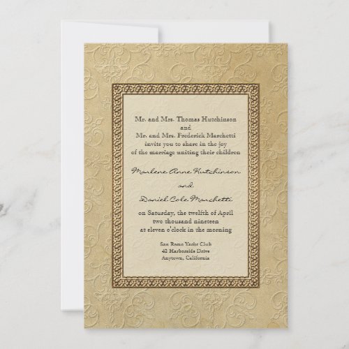 Gold Brocade Damask Floral Formal Elegant Wedding Invitation