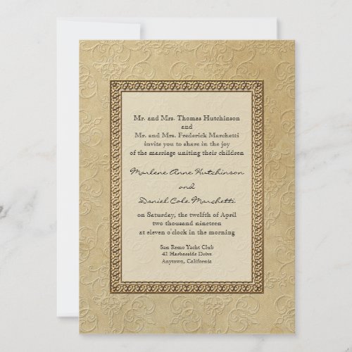 Gold Brocade Damask Floral Formal Elegant Wedding Invitation