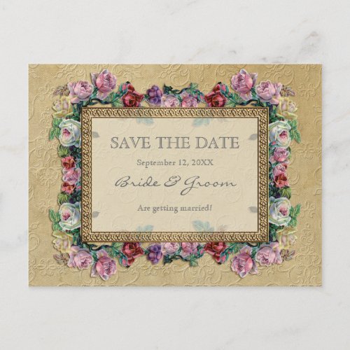 Gold Brocade Floral Formal Elegant Save the Date Announcement Postcard