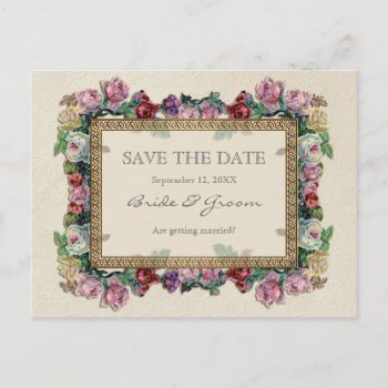 Gold Brocade Floral Formal Elegant Save The Date Announcement Postcard by VintageWeddings at Zazzle