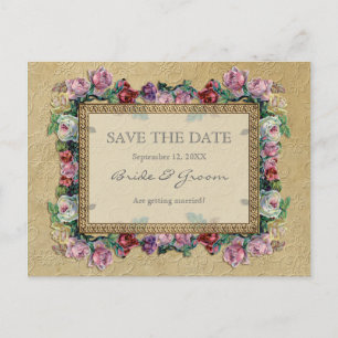 Gold Brocade Floral Formal Elegant Save the Date Announcement Postcard