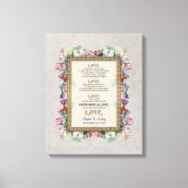 Gold Brocade Floral Love is Wedding Personalized Canvas Print (Front)