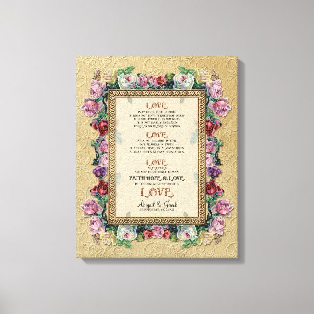 Gold Brocade Floral Love is Wedding Personalized Canvas Print (Front)