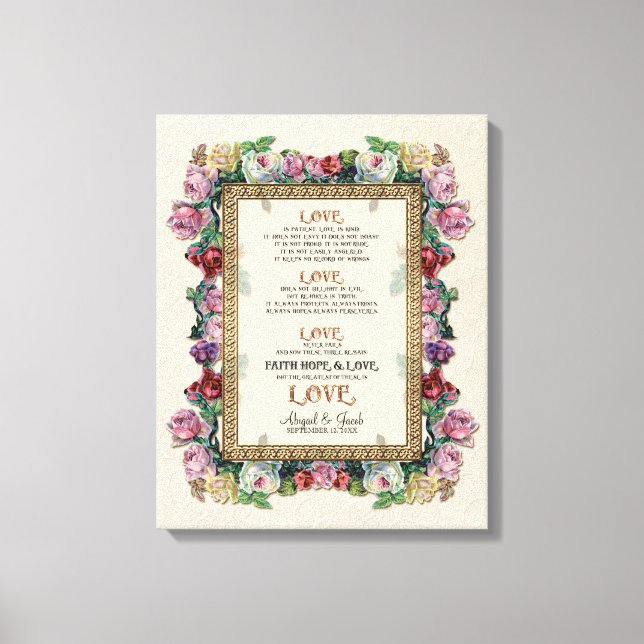 Gold Brocade Floral Love is Wedding Personalized Canvas Print (Front)