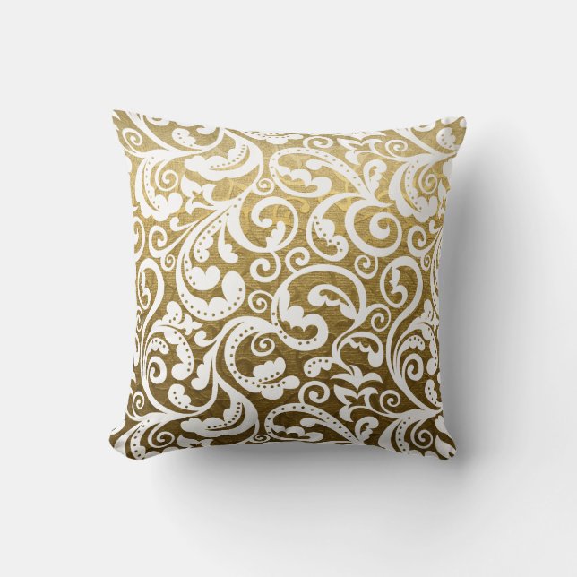 Gold brocade, white damask floral pattern throw pillow (Front)