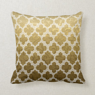 Gold brocade, white quatrefoil pattern throw pillow