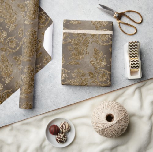 Gold  Bronze Brown Damask Faux Velvet Christmas Wrapping Paper