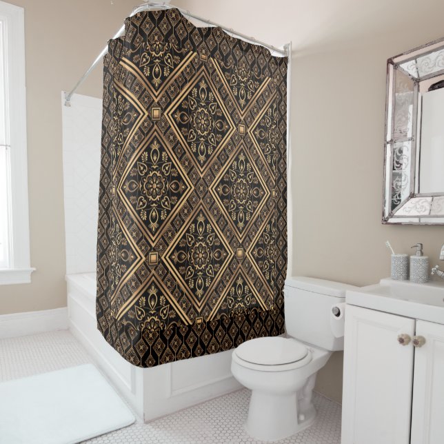Gold Bronze Copper Geometric Motif Shower Curtain (In Situ)