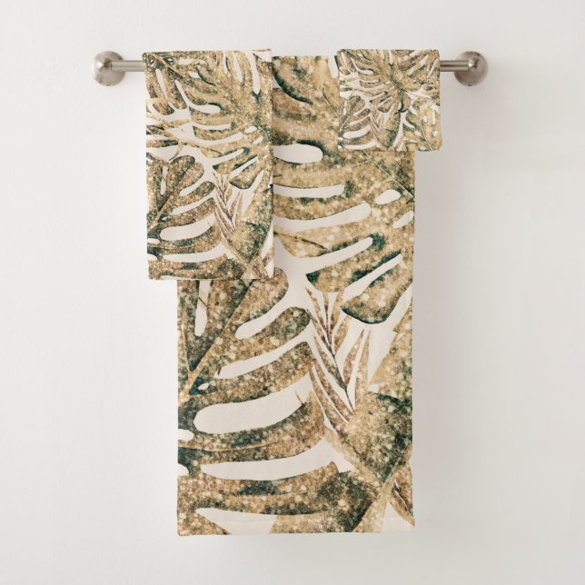 Gold Bronze Glitter Tropical Palm Leaves Chic Bath Towel Set (Insitu)