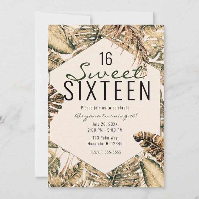 Gold Bronze Glitter Tropical Palm Leaves Sweet 16 Invitation (Front)