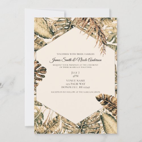 Gold Bronze Glitter Tropical Palm Leaves Wedding   Invitation