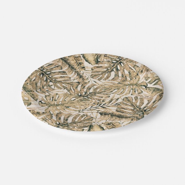 Gold Bronze Glitter Tropical Palm Leaves Wedding Paper Plates (Angled)