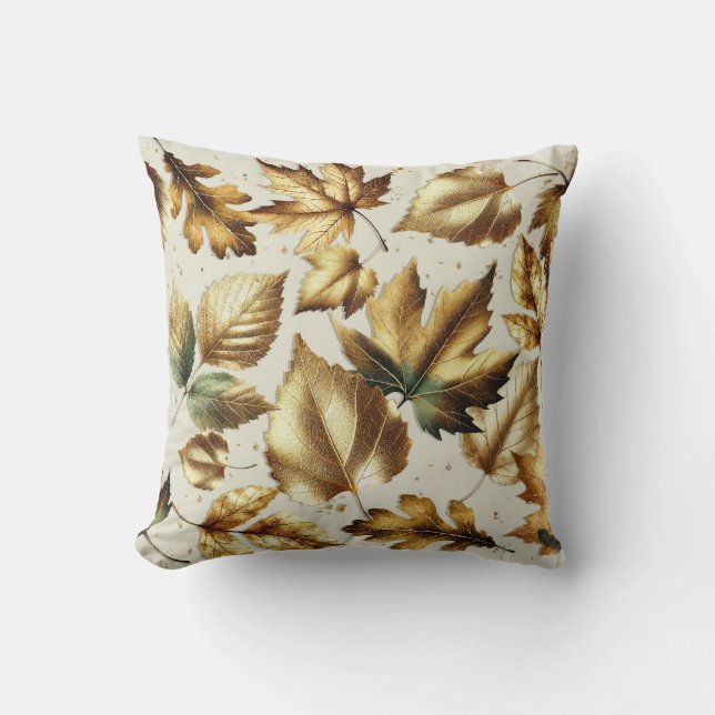 Gold Bronze Leaves Almond Beige Glam Fall Throw Pillow (Front)