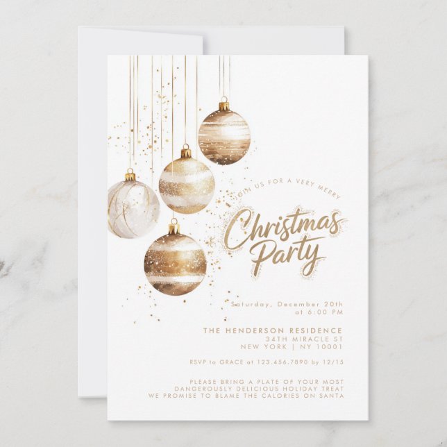 Gold Bronze Ornaments Baubles Christmas Party Invitation (Front)