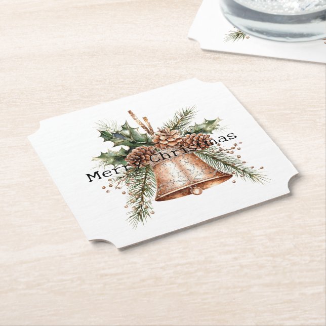 Gold Bronze White Christmas Bells Paper Coaster (Angled)
