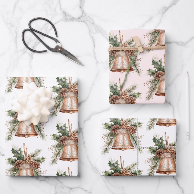 Gold Bronze White Christmas Bells Wrapping Paper Sheets (Front)