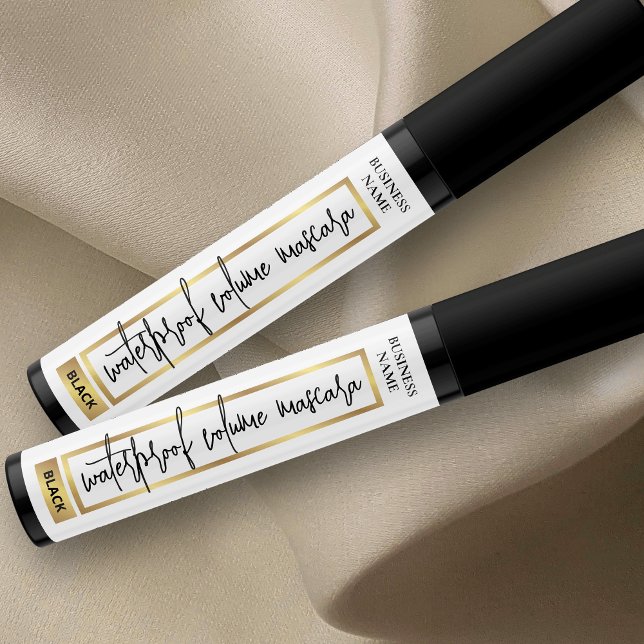 Gold Brow Or Lash Serum Cosmetic Tube Mascara Labels (Modern white and gold effect cosmetic mascara tube wrap around label with fully editable text)