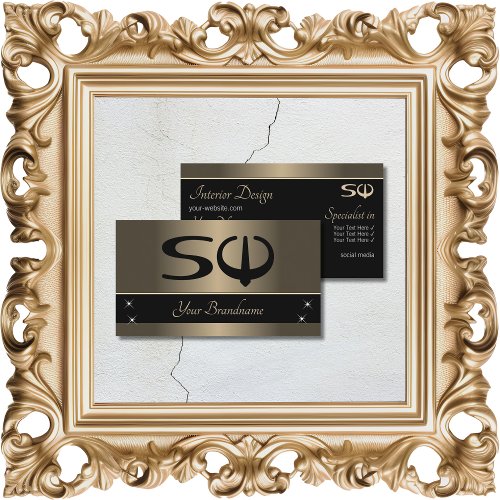 Gold Brown and Black with Initials Professional Business Card