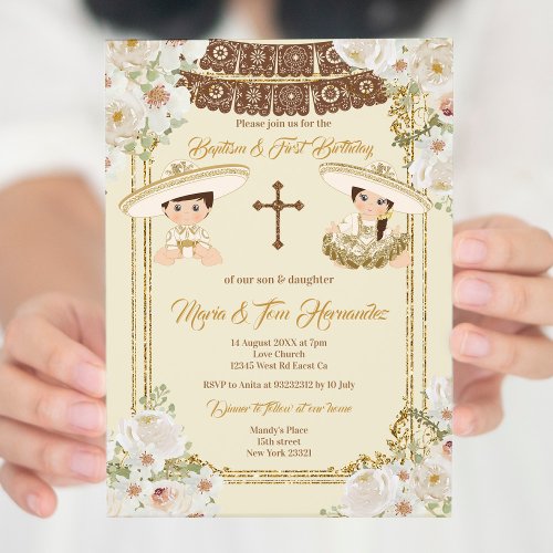 Gold Brown Baptism and Birthday Twin Fiesta    Invitation