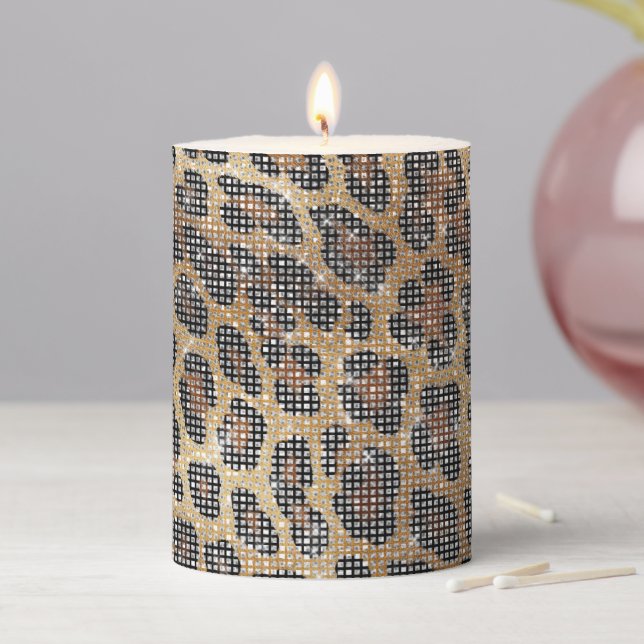 Gold Brown Black Leopard Animal Sparkle Pillar Candle (In Situ)
