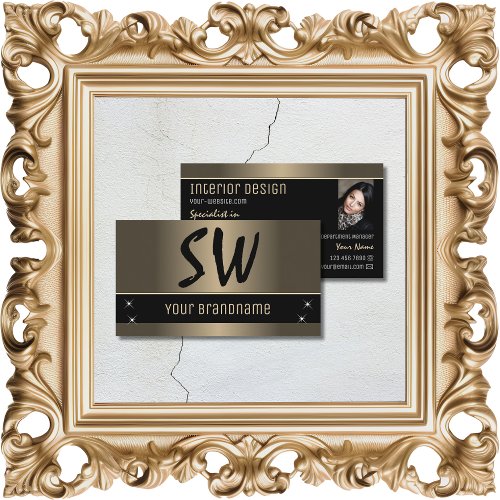 Gold Brown Black Stylish with Monogram and Photo Business Card