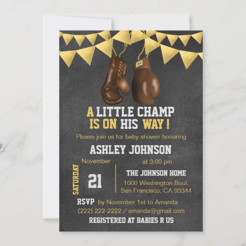Gold Brown Boy Boxe Boxing Baby Shower Invitations