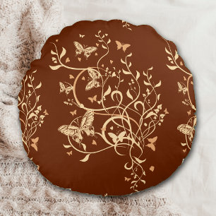 Gold Brown Butterfly Swirl Round Pillow