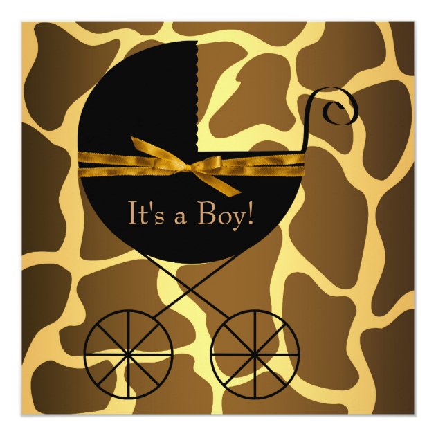 Gold Brown Carriage Boy Giraffe Baby Shower Invitation
