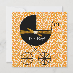 Gold Brown Carriage Boy Giraffe Baby Shower Invitation