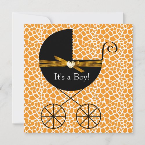 Gold Brown Carriage Boy Giraffe Baby Shower Custom Invitations