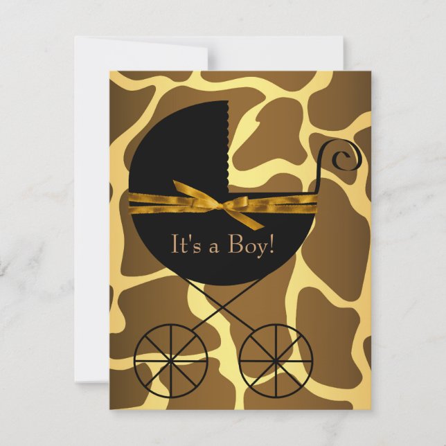 Gold Brown Carriage Boy Giraffe Baby Shower Invitation (Front)