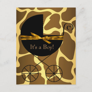 Gold Brown Carriage Boy Giraffe Baby Shower Invitation