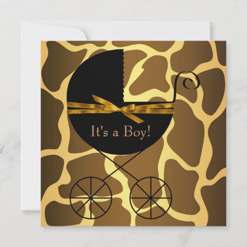 Gold Brown Carriage Boy Giraffe Baby Shower Personalized Invites