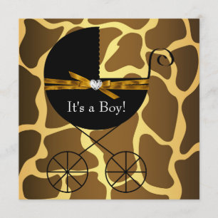 Gold Brown Carriage Boys Giraffe Baby Shower Invitation