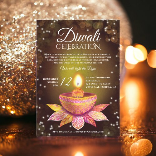 Gold brown Diwali Lamps light illustration script Invitation