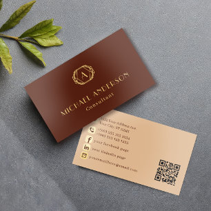 Gold Brown Elegant Clean Art Deco Monogram Foil Business Cards