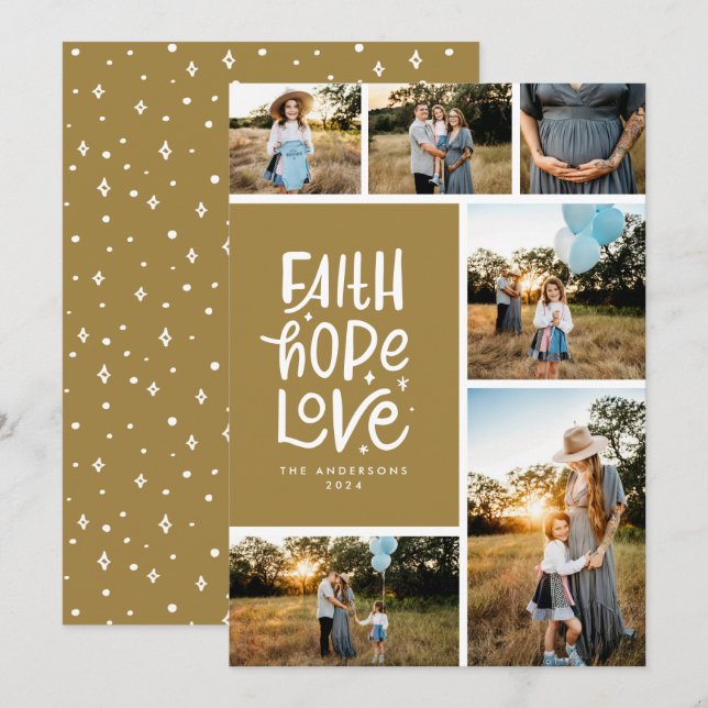 Gold Brown faith hope love multiple Photo Holiday Card (Front/Back)