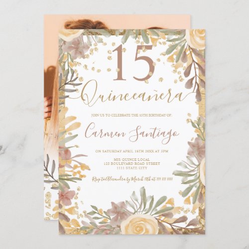 Gold brown floral watercolor Quinceanera photo Invitation