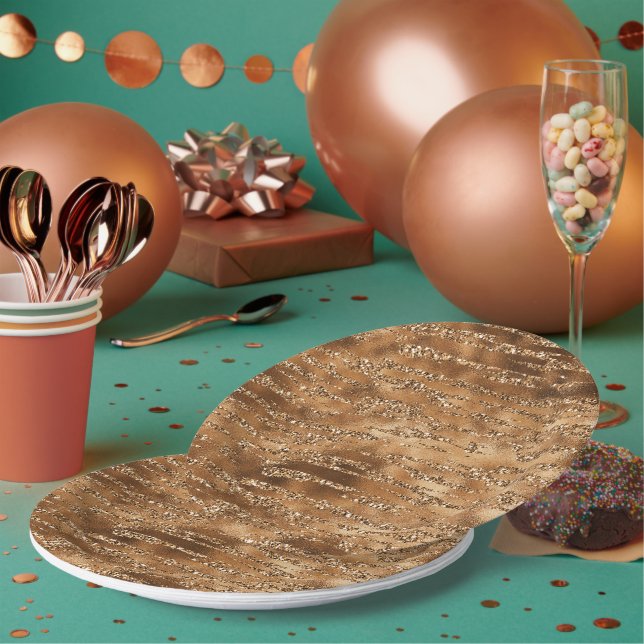 Gold Brown Glitter Stripes Paper Plates (Multi)